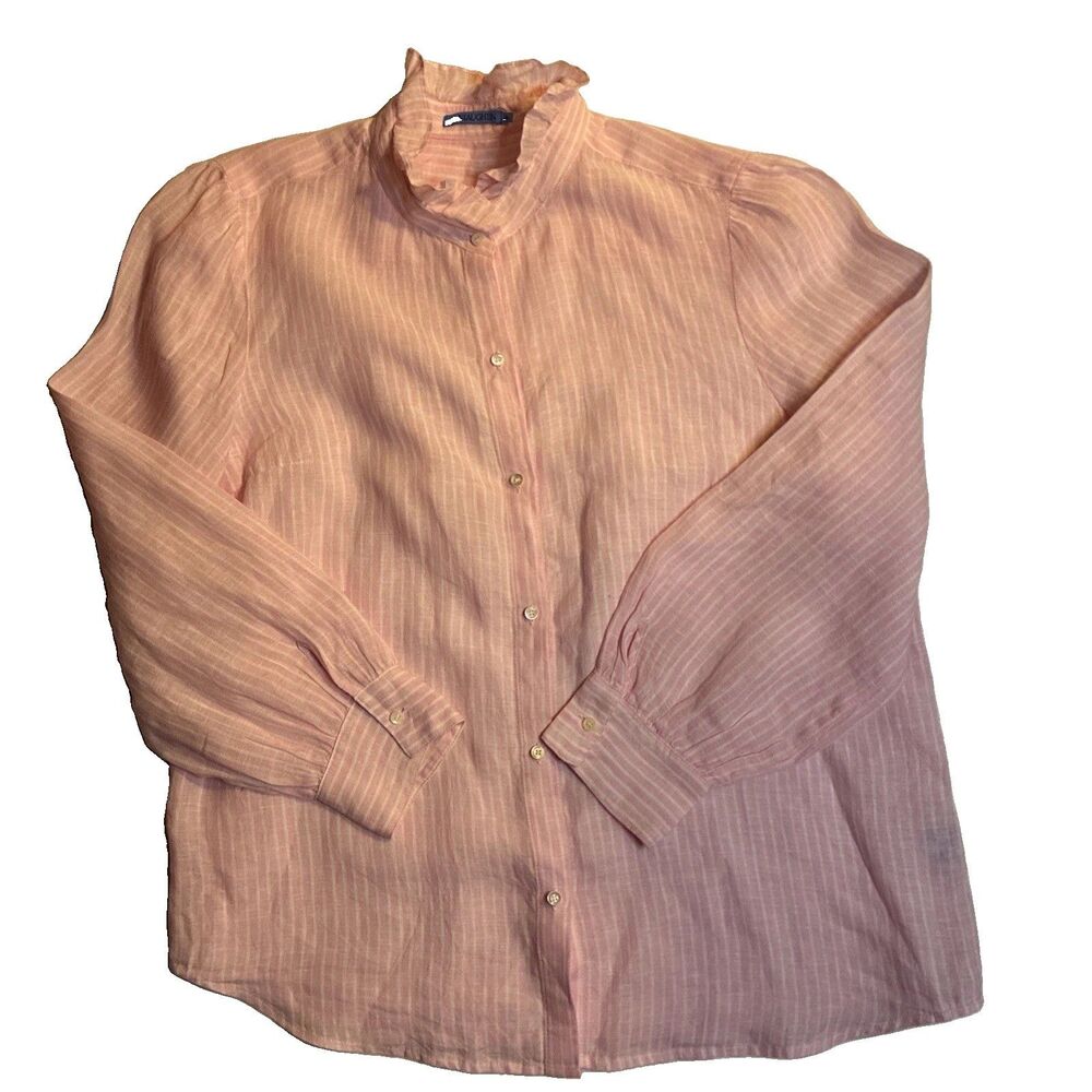 J. McLaughlin Julian Linen Shirt Pink White Stripe Ruffle Collar XL